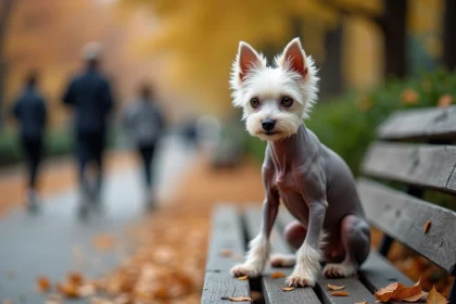 Un chien Chinese Crested sans poils assis sur un banc de parc en automne, regard expressif et traits singuliers en gros plan