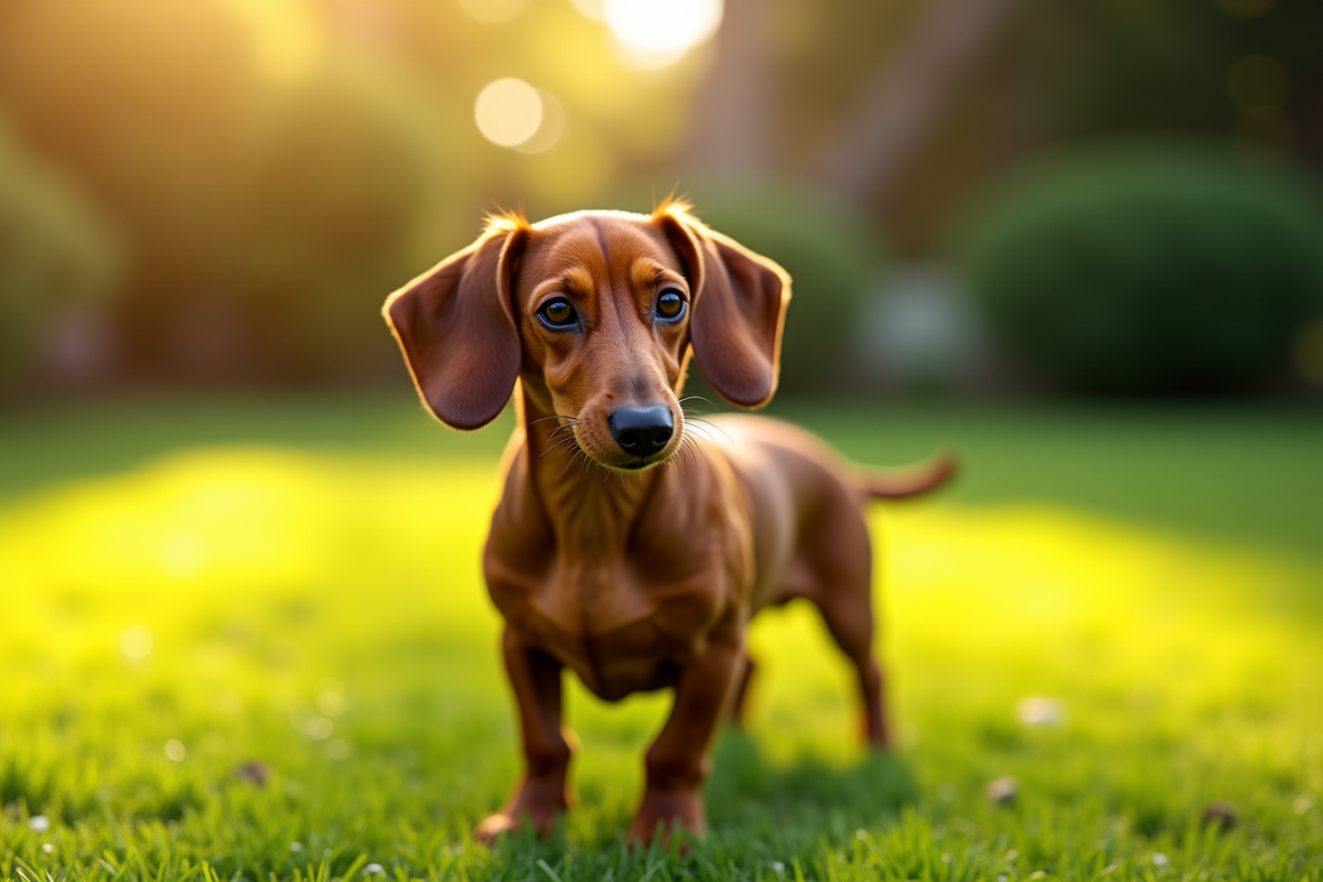 Dachshund debout dans un jardin ensoleille