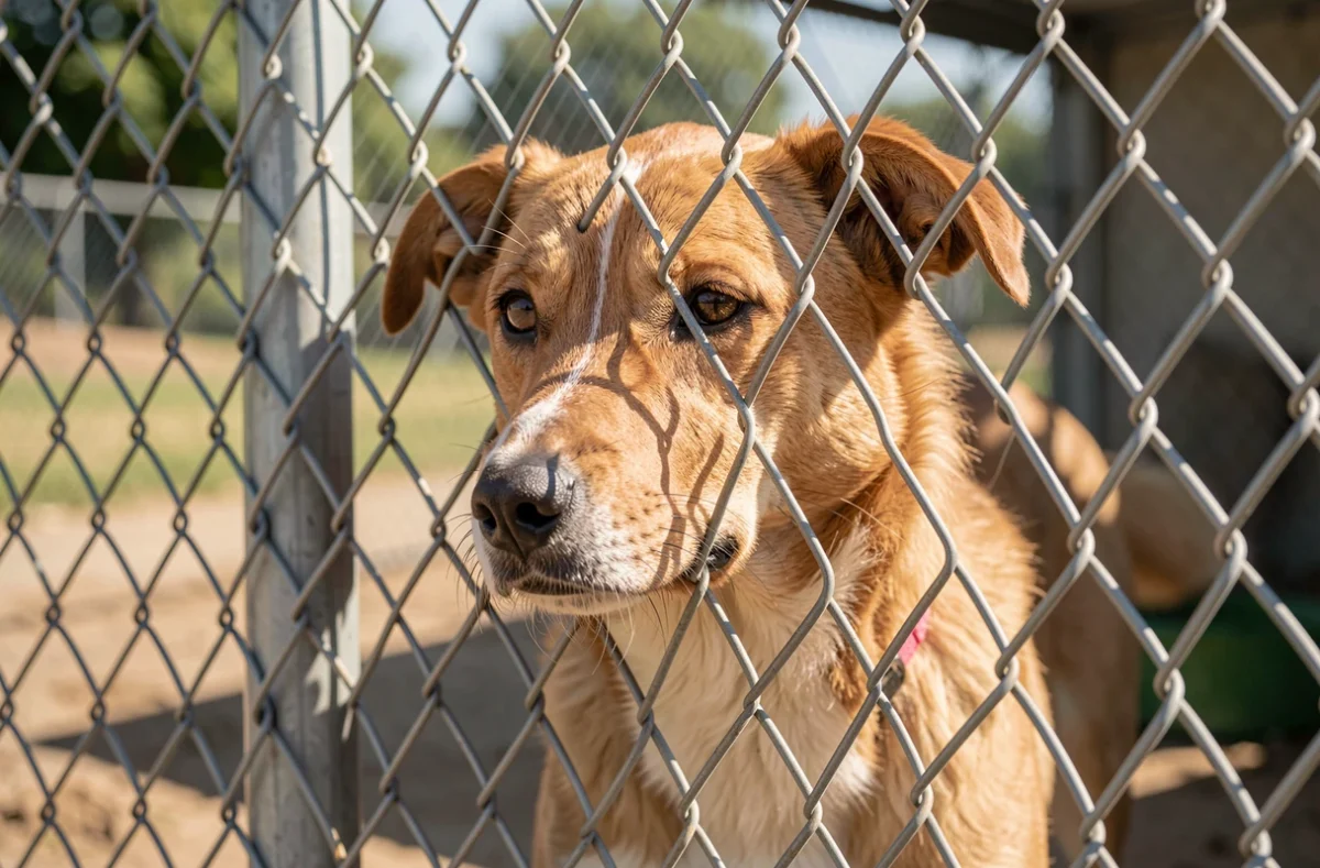 Chien de refuge attendant derrière un enclos en extérieur