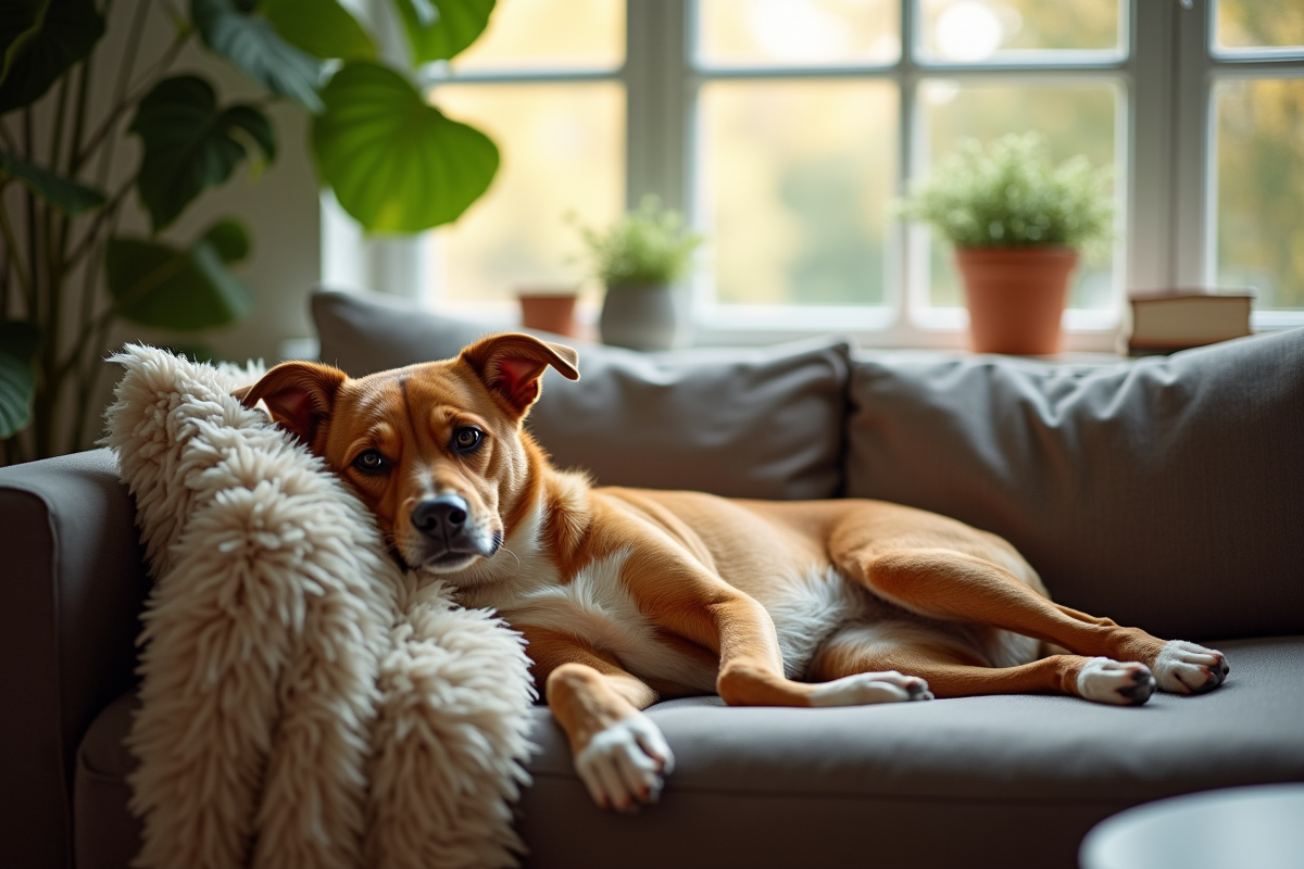 Chien détendu sur canapé dans une maison lumineuse avec plantes