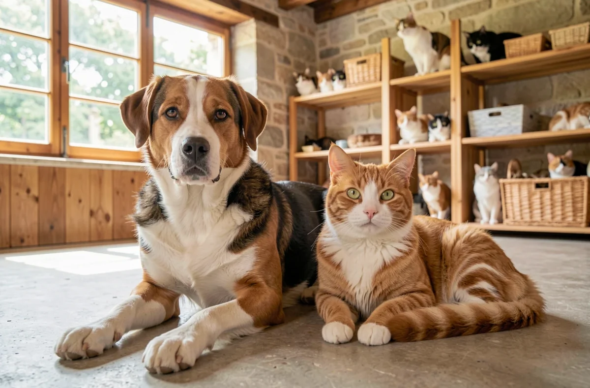 Chien et chat au repos dans un refuge animalier