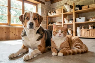 Chien et chat au repos dans un refuge animalier