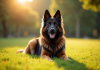 Chien berger allemand et Newfoundland assis dans un parc ensoleille