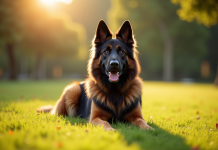 Chien berger allemand et Newfoundland assis dans un parc ensoleille
