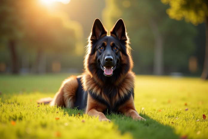 Chien berger allemand et Newfoundland assis dans un parc ensoleille