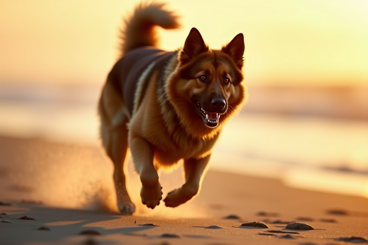 Chien berger allemand et Newfoundland courant sur la plage au coucher de soleil