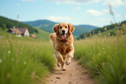 Golden retriever courant dans la campagne verdoyante