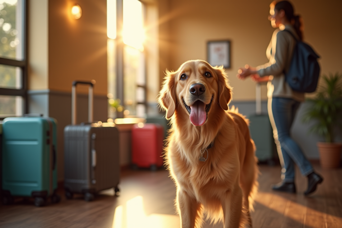Chien golden retriever accueilli dans pension pour chiens ensoleillée