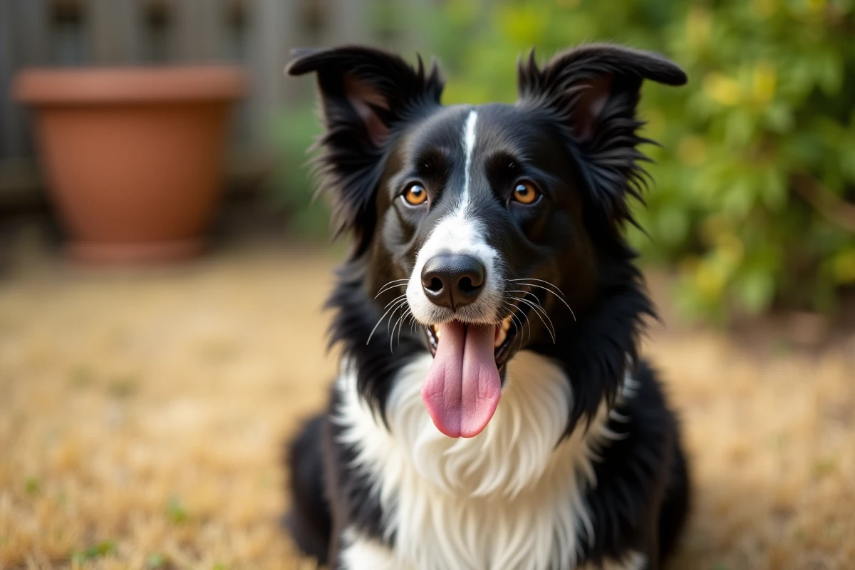 Border collie haletant dans un jardin avec de la bave mousseuse blanche au niveau de la gueule après l'effort, assis sur une pelouse sèche près d'une clôture en bois