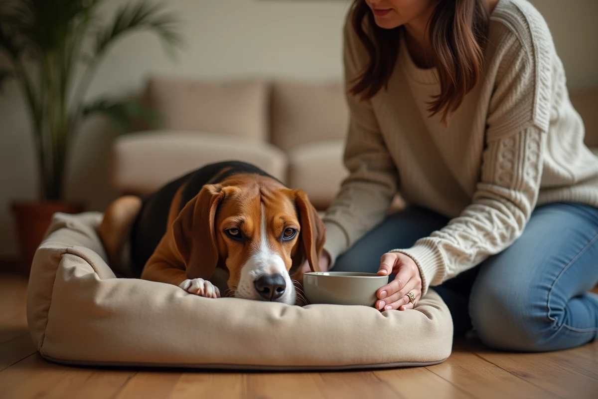 Femme prenant soin de son chien beagle malade à la maison avec un bol d'eau
