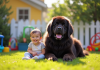Chien Newfoundland avec un enfant dans le jardin ensoleille