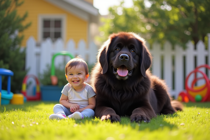Chien Newfoundland avec un enfant dans le jardin ensoleille