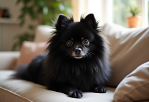 Pomeranian noir assis sur un canapé lumineux