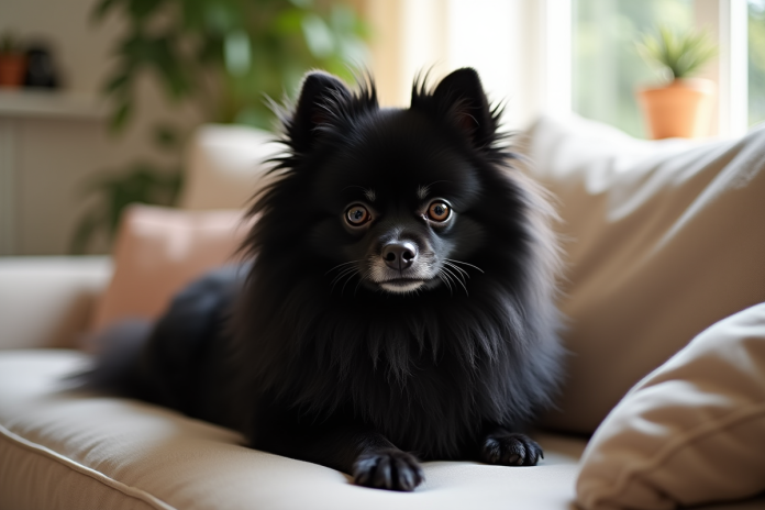 Pomeranian noir assis sur un canapé lumineux