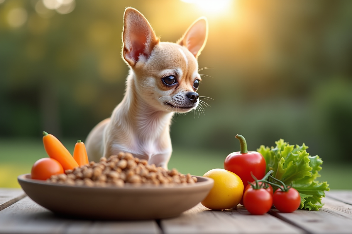 Chihuahua assis à côté d un repas équilibré de croquettes et légumes frais