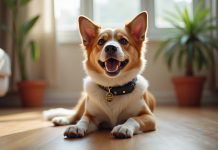 Chien joyeux assis sur le sol en intérieur avec collier personnalisé