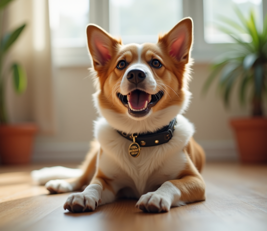 L’importance du prénom chez le chien mâle : focus sur les lettres de l’année Chien joyeux assis sur le sol en intérieur avec collier personnalisé