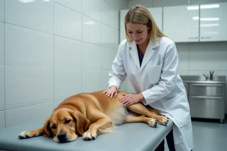 Chien golden retriever examiné par une vétérinaire sur une table de consultation clinique