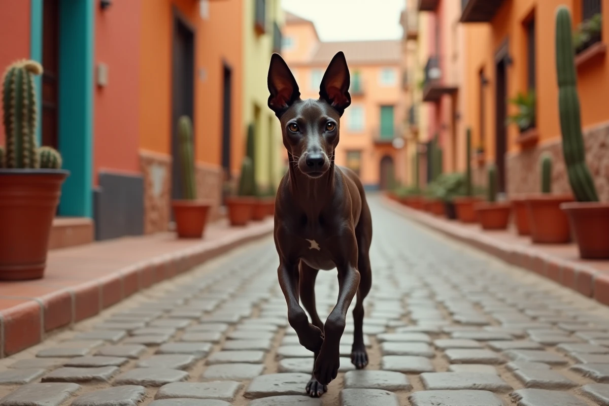 Un chien Xoloitzcuintli sans poils marchant avec assurance dans une rue pavée aux façades colorées