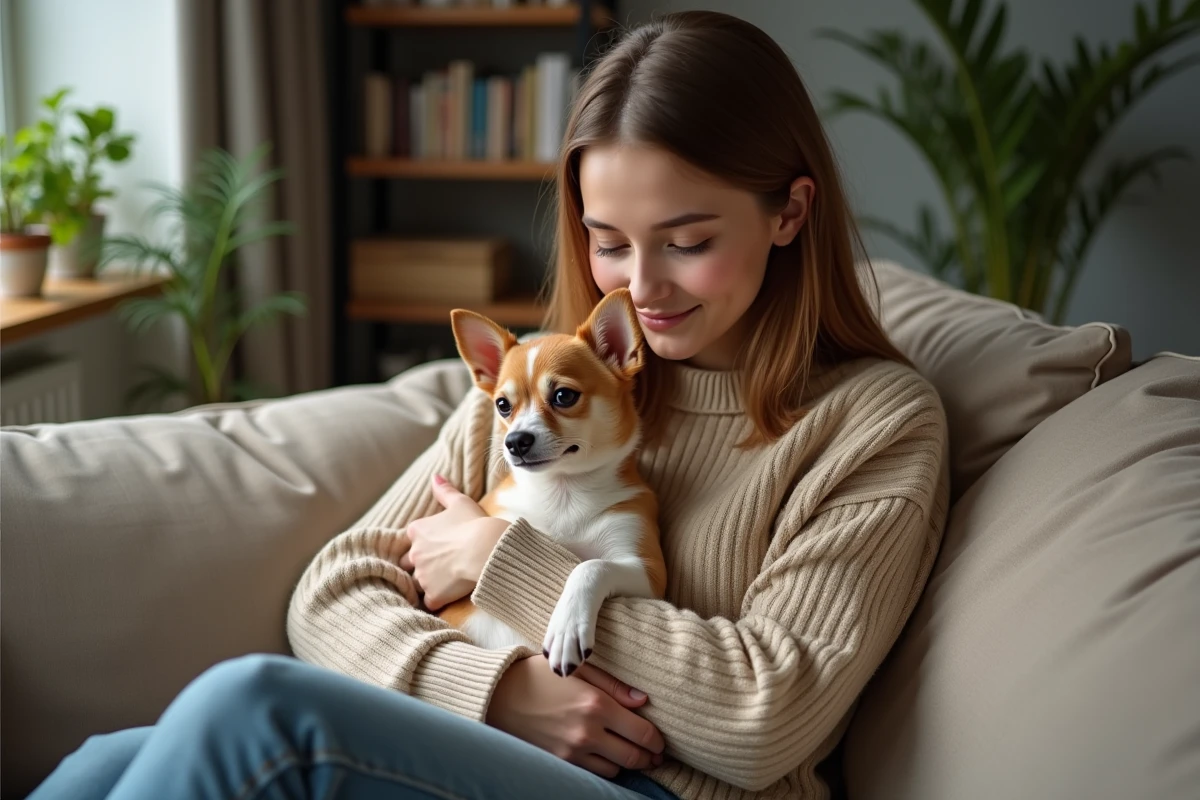 Jeune femme tenant un petit chihuahua à poil court sur ses genoux dans un salon chaleureux