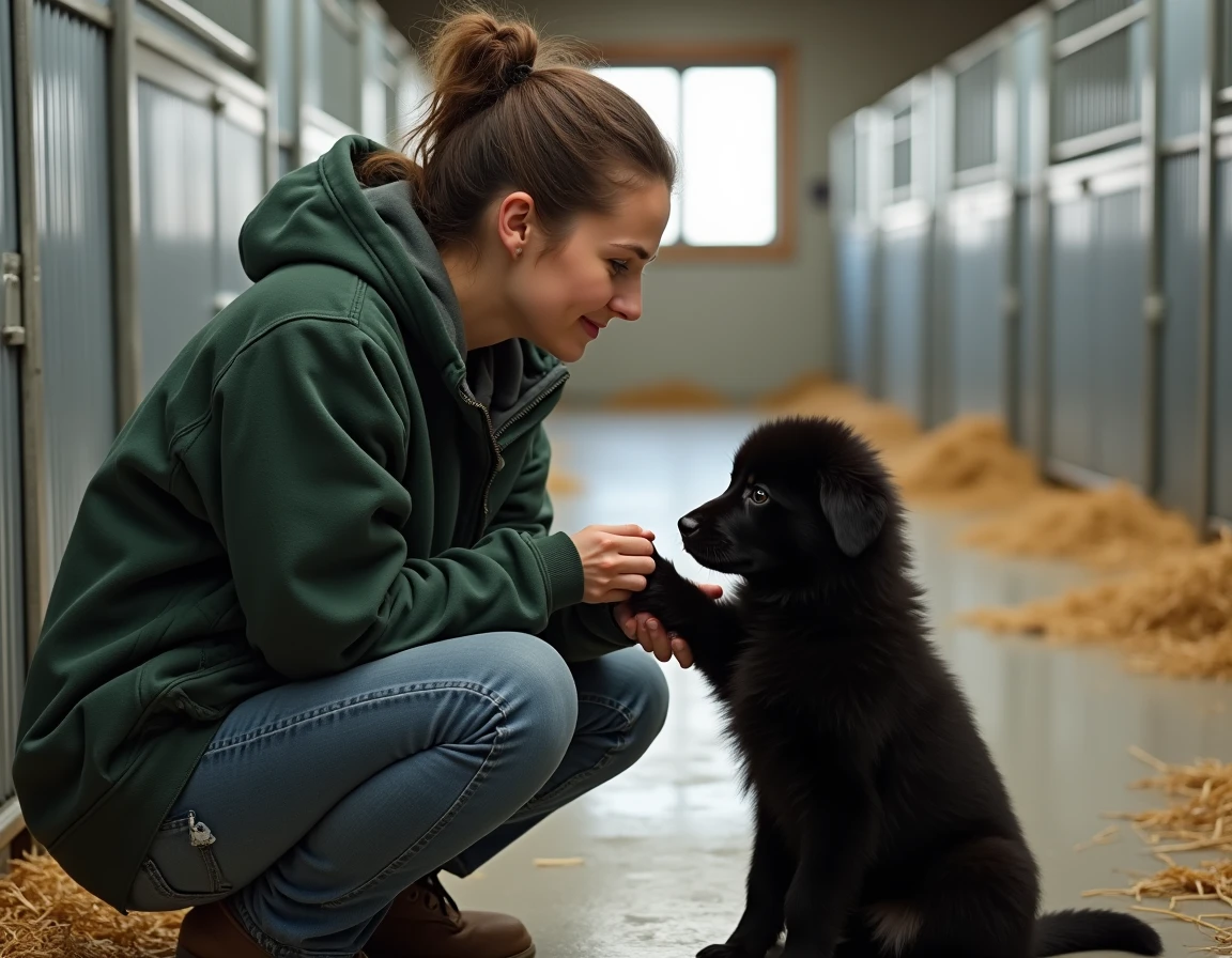 Éleveuse responsable avec un chiot Berger Allemand noir dans un chenil propre et bien entretenu