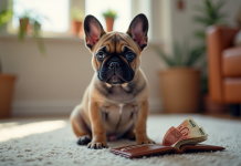Chiot bouledogue francais jouant avec un portefeuille