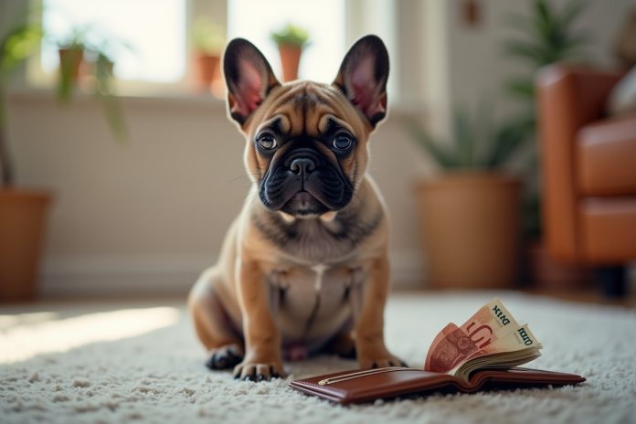 Chiot bouledogue francais jouant avec un portefeuille