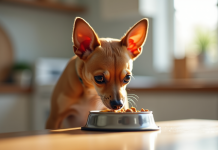 Chihuahua aux oreilles de papillon mangeant dans un bol en acier inoxydable
