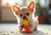 Chiot chihuahua jouant avec un jouet coloré en intérieur