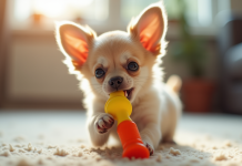 Chiot chihuahua jouant avec un jouet coloré en intérieur