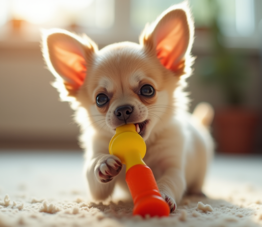 Choisir le bon jouet pour votre chiot de chihuahua Chiot chihuahua jouant avec un jouet coloré en intérieur