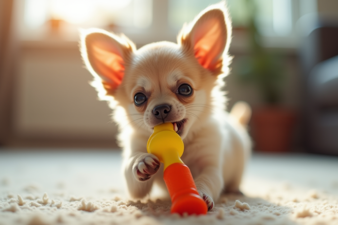 Chiot chihuahua jouant avec un jouet coloré en intérieur