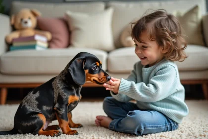 Jeune chiot dachshund tacheté joue avec un enfant dans un salon