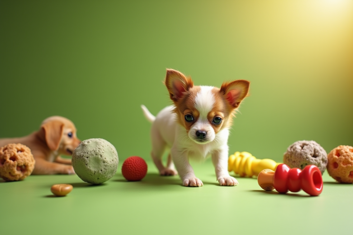 Chiot chihuahua explorant des jouets pour chien sur un sol vert