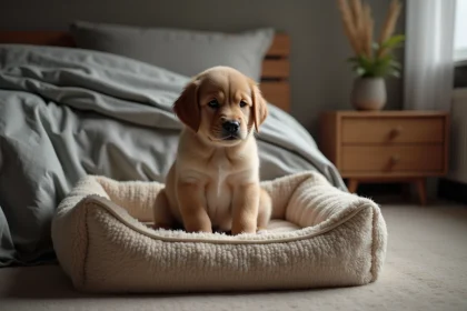 Chiot golden retriever assis seul sur un lit moderne