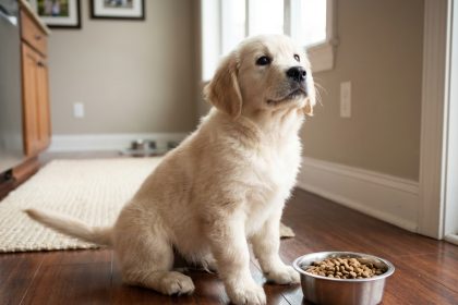 Chiot golden retriever regardant son bol de croquettes