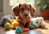 Chiot teckel jouant avec jouets colorés et peluches