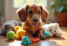 Chiot teckel jouant avec jouets colorés et peluches