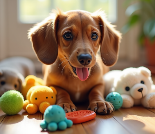 Quels jouets choisir pour votre bébé teckel ? Chiot teckel jouant avec jouets colorés et peluches