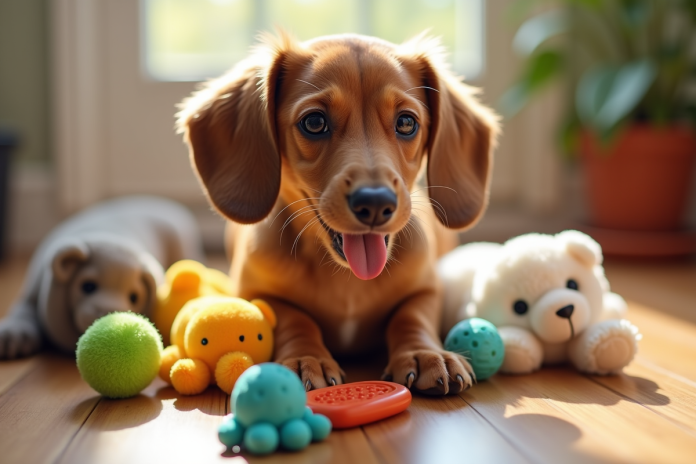 Chiot teckel jouant avec jouets colorés et peluches