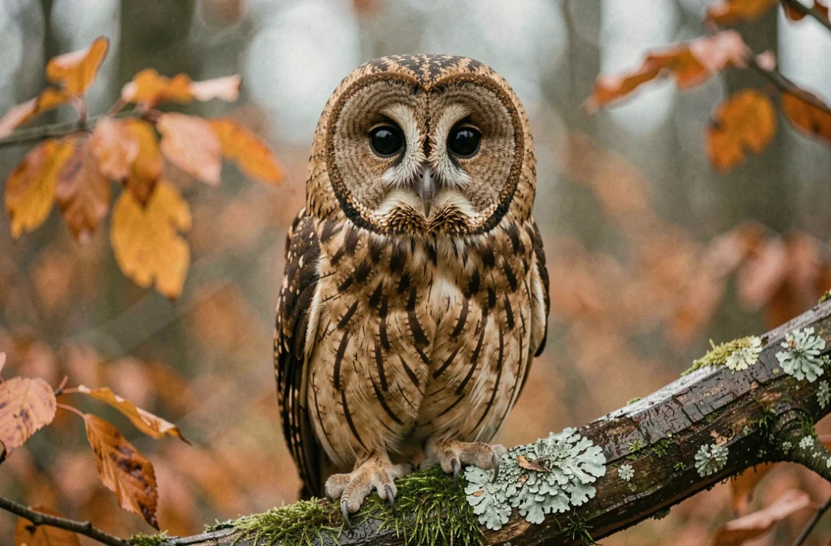 Chouette hulotte perchée sur une branche en forêt, montrant son disque facial rond caractéristique sans aigrettes