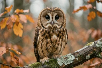 Chouette hulotte perchée sur une branche en forêt, montrant son disque facial rond caractéristique sans aigrettes