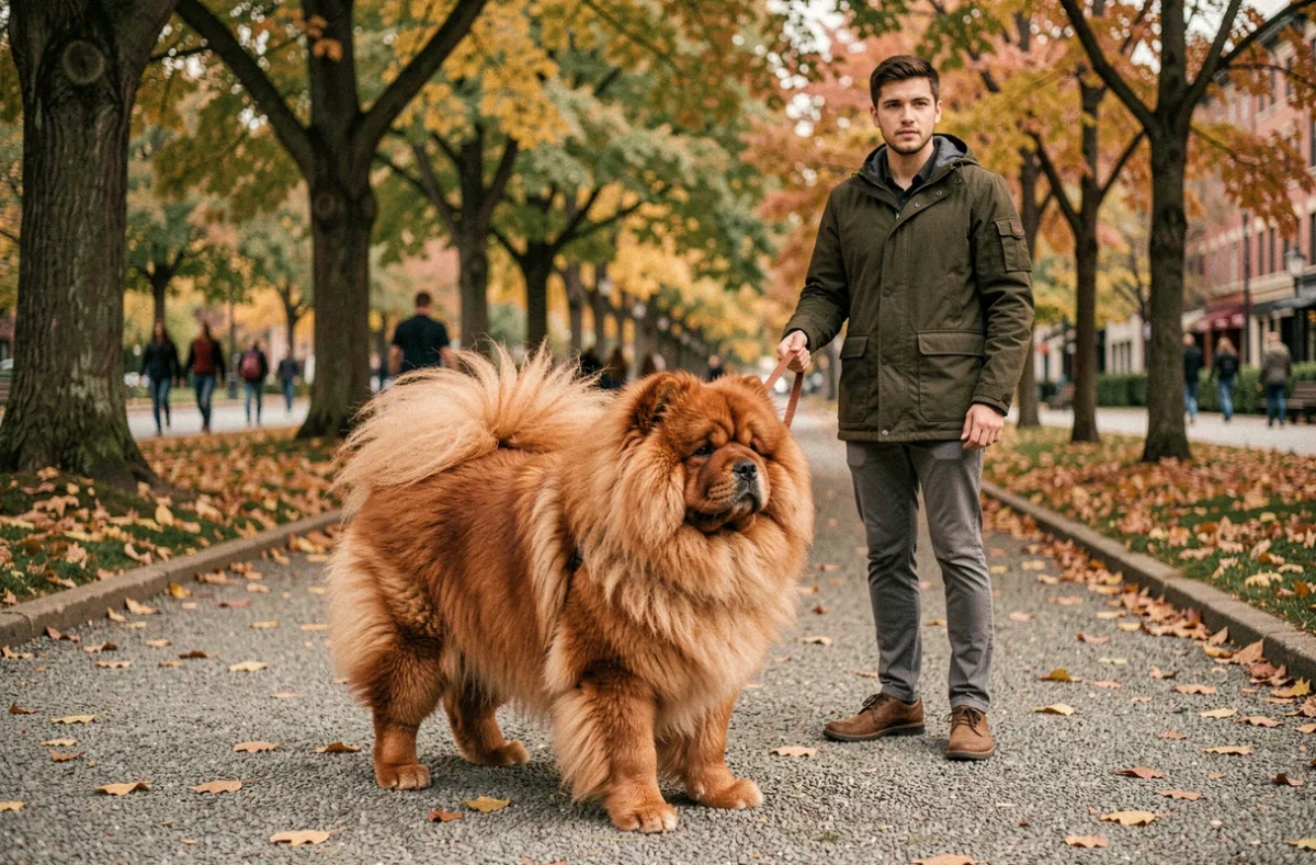 Chow-chow au pelage roux et abondant tenu en laisse par un jeune homme dans un parc urbain en automne