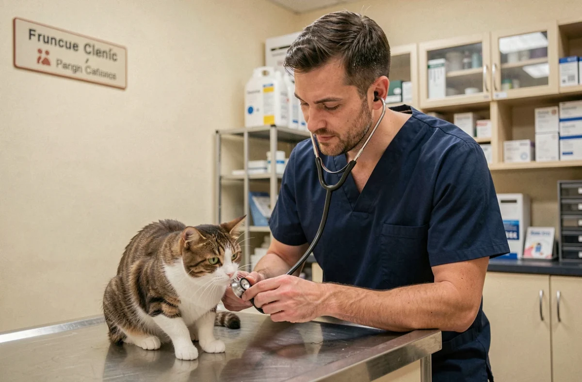 Vétérinaire de la Clinique de la Butte à Bourges examinant un chat avec un stéthoscope
