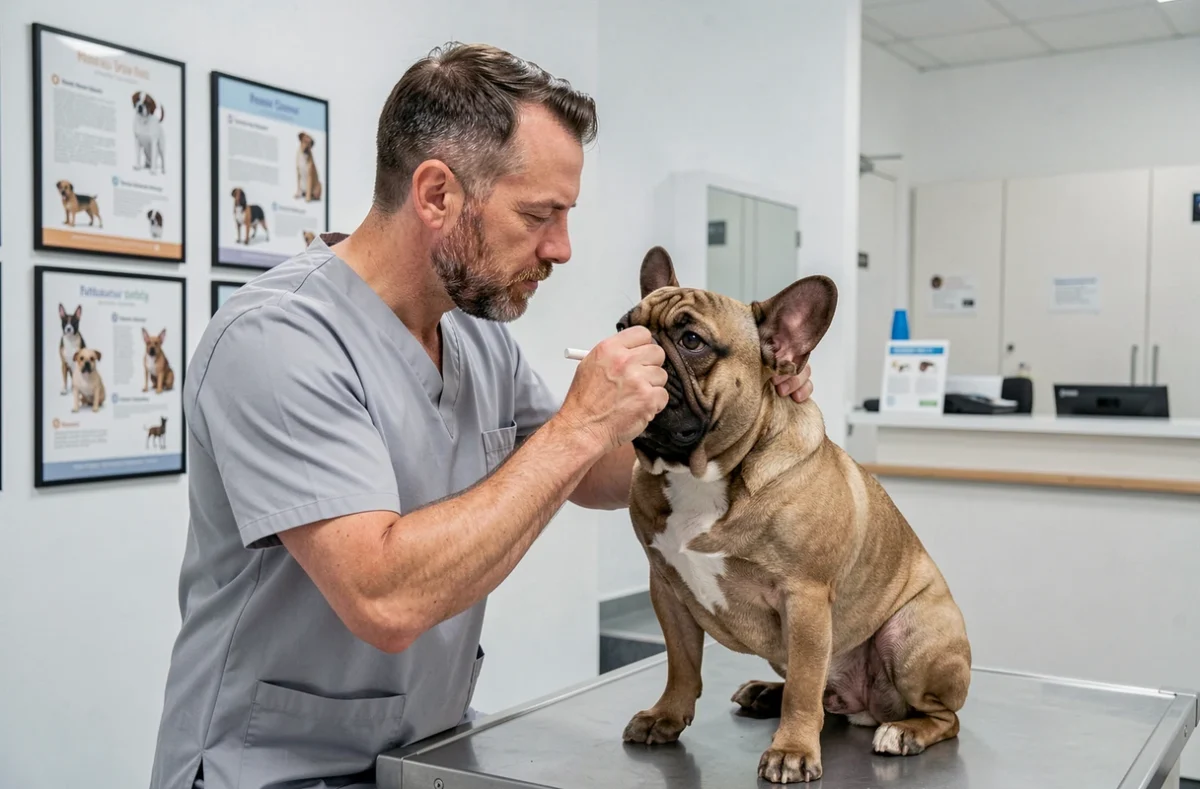 Vétérinaire de la Clinique de Châteauroux inspectant l'oreille d'un bouledogue français