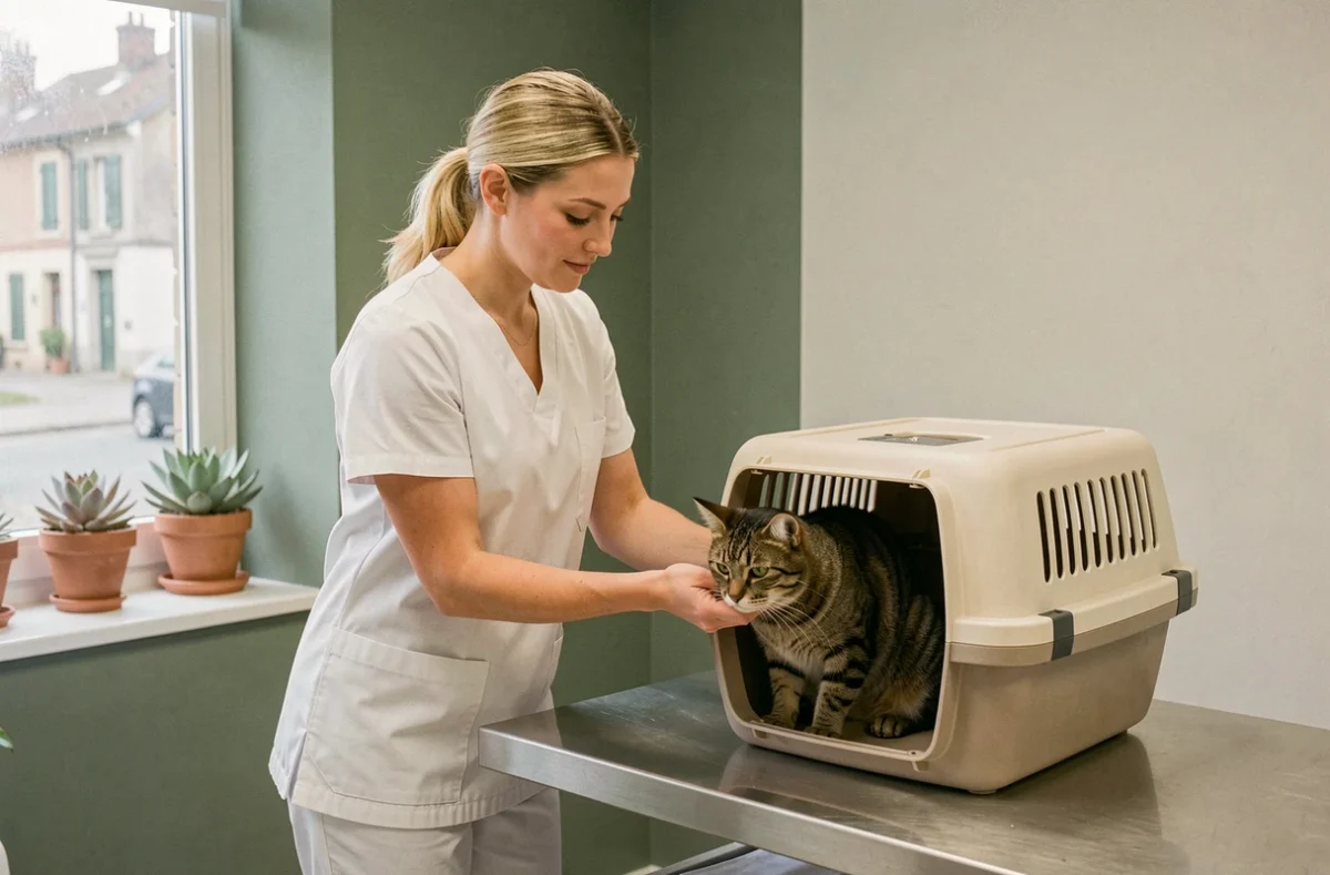 Vétérinaire de la Clinique de Dreux aidant un chat tigré à sortir de son panier de transport