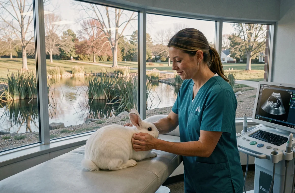 Vétérinaire de la Clinique de l'Étang à Olivet réalisant une échographie sur un lapin