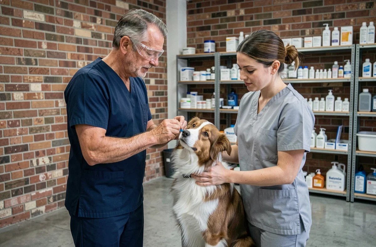 Vétérinaire du Lachet à Blois vaccinant un border collie assisté d'un auxiliaire vétérinaire