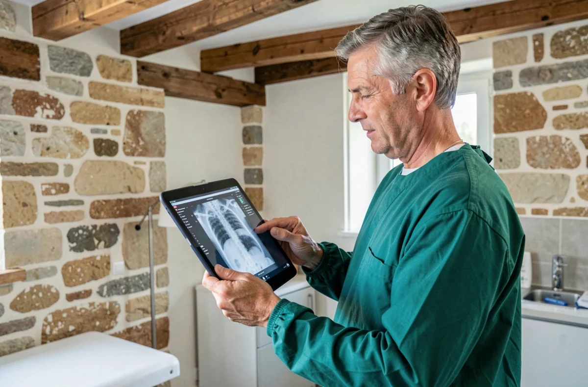 Vétérinaire de la Clinique de Montbazon consultant des radiographies sur une tablette