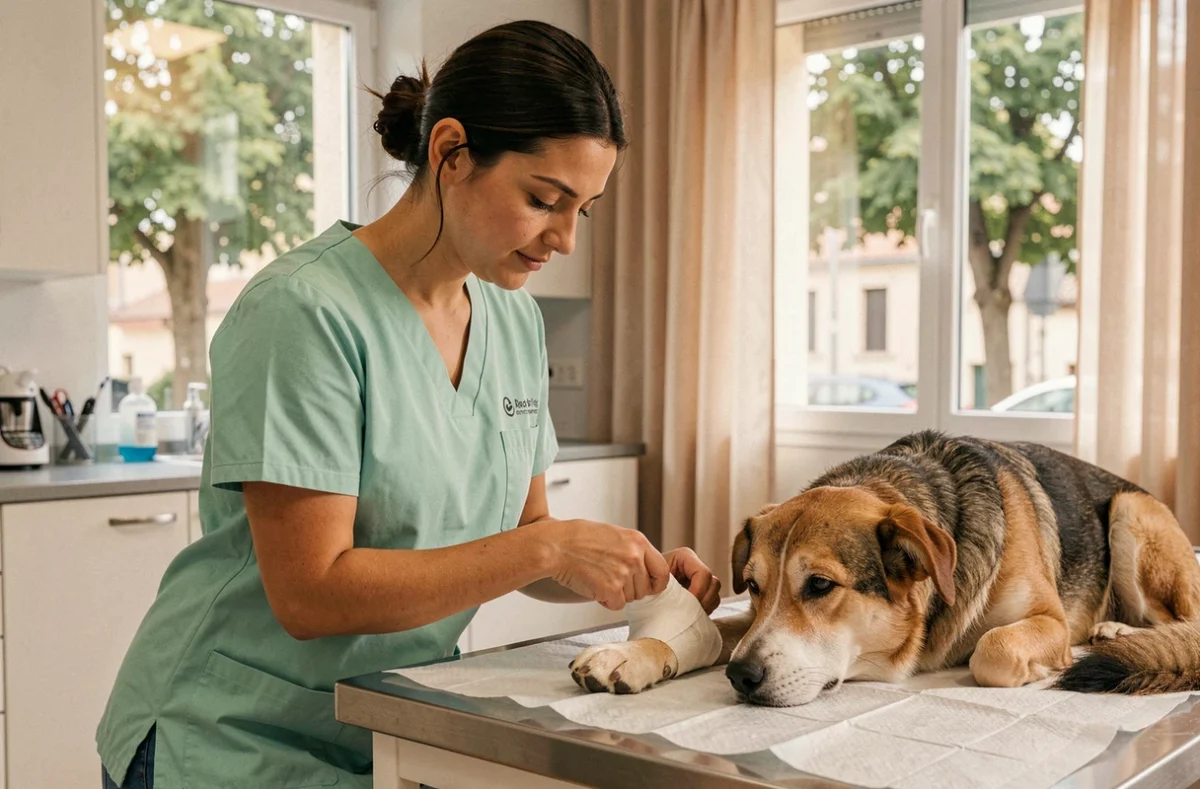 Vétérinaire de la Clinique des Sablons à Chartres soignant la patte d'un chien